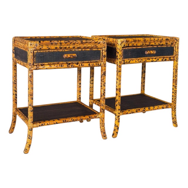 Pair Vintage British Colonial Tortoise Finish Rattan & Grasscloth Nightstands For Sale