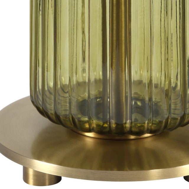 Contemporary Green Glass/Brass Table Lamp With Shade For Sale - Image 3 of 8