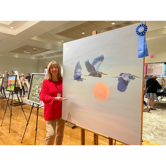Large Contemporary Oil Painting Blue Herons Over Sunset For Sale - Image 14 of 14
