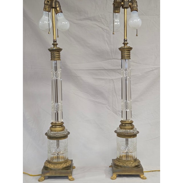 Mid 20th Century Vintage Crystal and Brass Column Table Lamps - Style of William Kessler Baccarat For Sale - Image 5 of 17