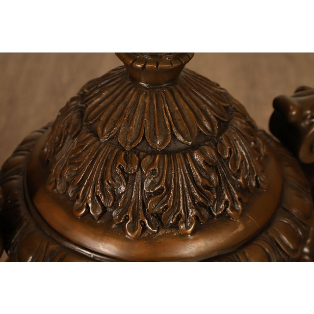 Late 20th Century Neoclassical Style Large Pair Of Cast Bronze Covered Urns With Figural Relief For Sale - Image 5 of 18