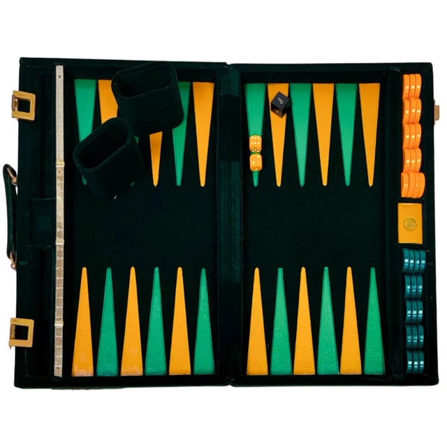 Mid-Century Modern Mid-Century Aries Green & Gold Leather and Velvet Traveling Backgammon Set For Sale - Image 3 of 7