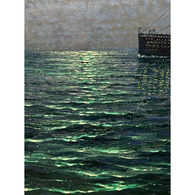 Ships That Pass in the Night — RMS Titanic Under Moonlight With RMS Olympic on the Horizon | Large Framed Oil on Canvas by Andrew Grant Kurtis For Sale - Image 15 of 18