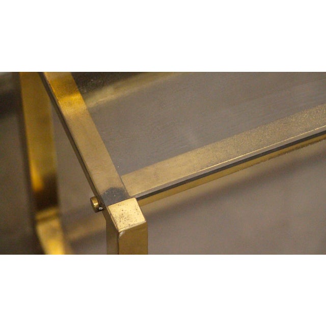 Metal Mid 20th Century Pair of Brass & Smoked Glass Art Deco Sofa End Tables For Sale - Image 7 of 11