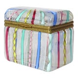 Image of Vintage Murano Fratelli Toso Rainbow Color Ribbons Italian Art Glass Decorative Casket Jewelry Box For Sale
