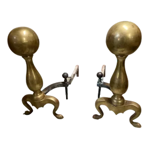 Large 1940s Brass Cannonball Andirons- a Pair