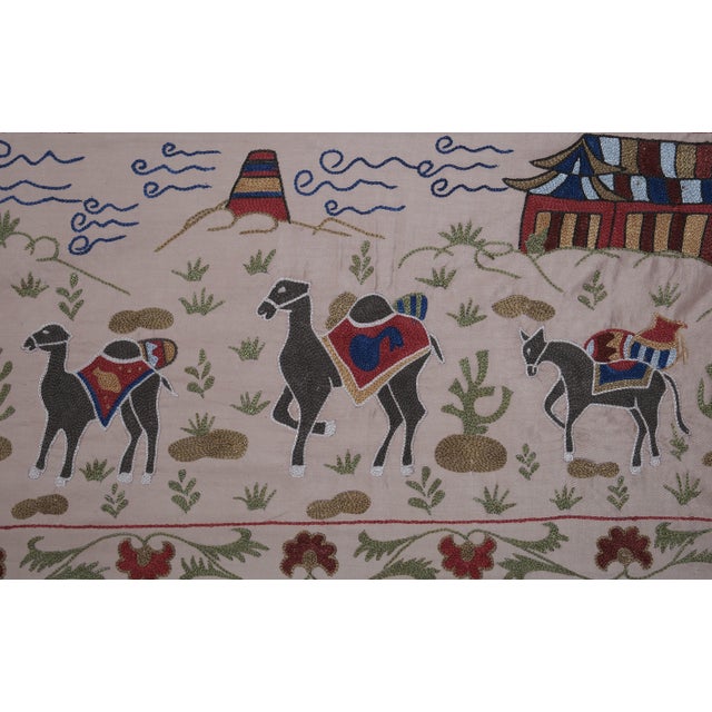 Animal Pictorial Silk on Silk Suzani Wall Hanging Decor 1'8'' X 6'3'' For Sale - Image 4 of 10