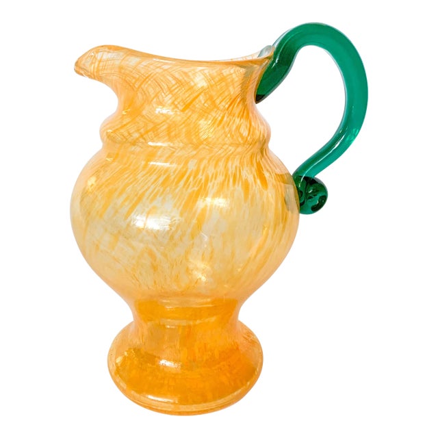 Vintage Blown Glass Urn Pitcher With Orange Swirl Glass and Green Applied Handle For Sale