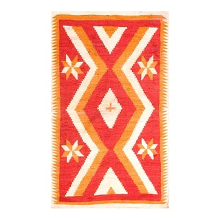 1880s Red Orange Diamond Tribal Antique American Navajo Rug 3' 4"x 5' 8" Flatweave Wool Carpet For Sale