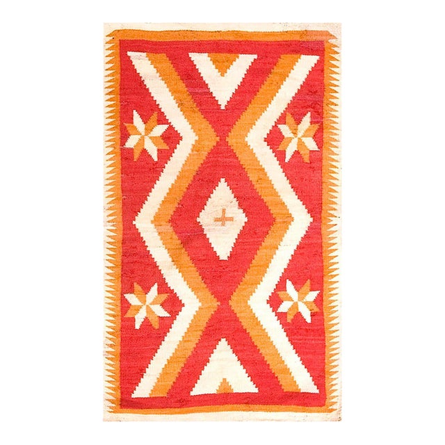 1880s Red Orange Diamond Tribal Antique American Navajo Rug 3' 4"x 5' 8" Flatweave Wool Carpet For Sale