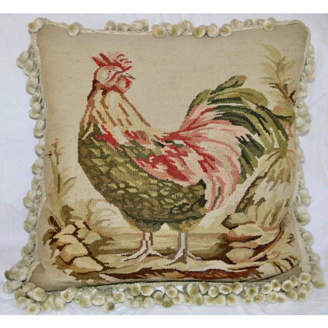 American Vintage Needlepoint Pillows Rooster and Hen - A Pair For Sale - Image 3 of 4