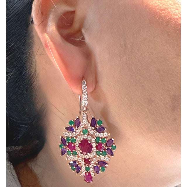 Bochic “Orient” Ruby, Emerald & Amethyst Earrings Set In 18K Gold & Silver - a pair For Sale In New York - Image 6 of 7