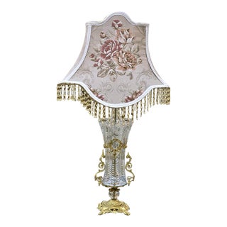 Romantic French Crystal Table Lamp – Blush Pink Shade With Gold Leaf & Hanging Crystal Details For Sale