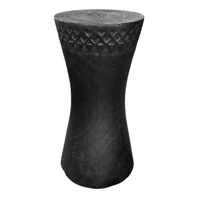 Sculptural Mango Wood Side Table, Burnt Finish, Carved Detailing Modern Organic For Sale