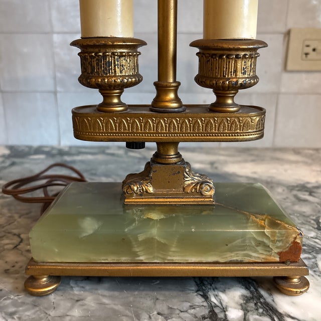 Metal 1930s Green Onyx & Brass Bouillotte Lamp For Sale - Image 7 of 12
