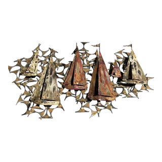 Vintage MCM Marc Creates Brutalist Metal Sailboat Wall Sculpture 32" Long For Sale