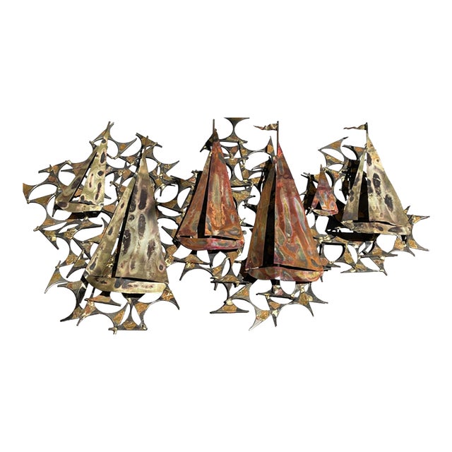 Vintage MCM Marc Creates Brutalist Metal Sailboat Wall Sculpture 32" Long For Sale