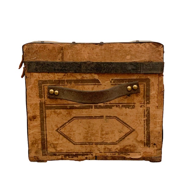 American Small Vintage Painted Wooden Trunk With Geometric Motif Rustic Americana Chest For Sale - Image 3 of 8