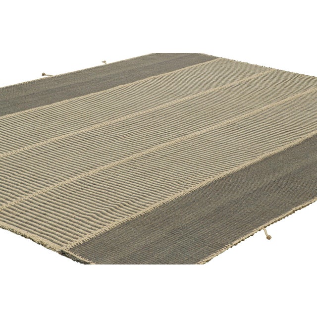 Contemporary Rug & Kilim’s Contemporary Kilim in Beige and Gray Textural Stripes For Sale - Image 3 of 7