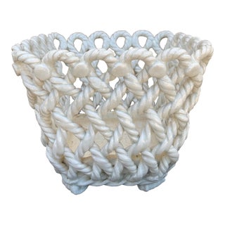 1960s French Country White Ceramic Woven Rope Cachepot Basket For Sale