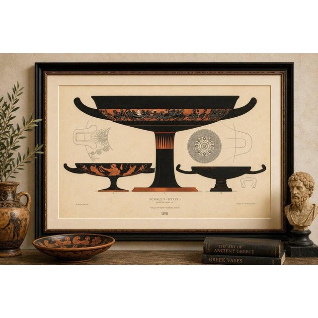 Antique Greek Kylix with Chariot & Warrior Procession Lithograph, 1883 Original antique color lithograph depicting three...
