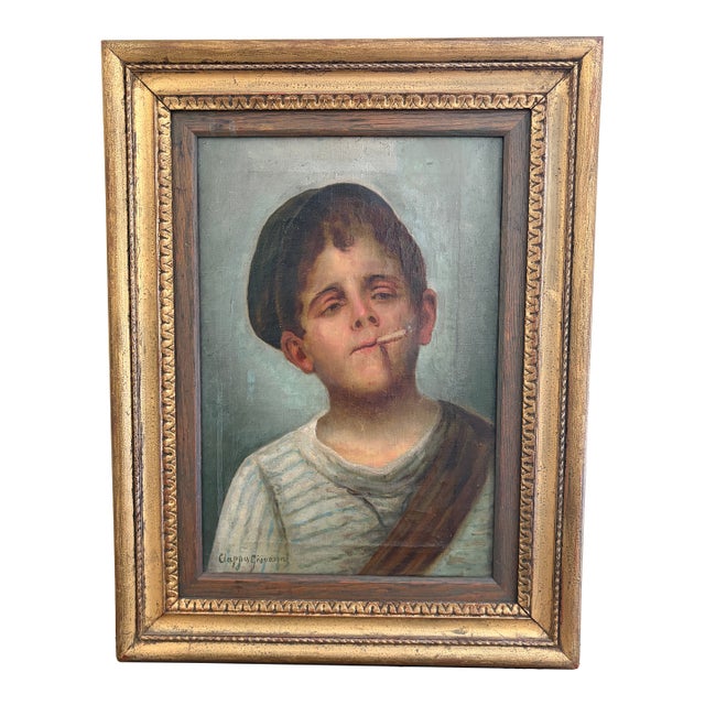Antique Italian Oil on Canvas Portrait Painting of a Boy Smoking by Giovanni Ciappa, Early 19th Century For Sale