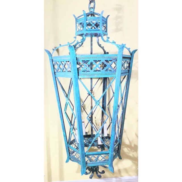 Exquisite Large Hand-Forged Iron Lantern – Verdigris Patina - 47” High X 24”Wide For Sale - Image 14 of 18