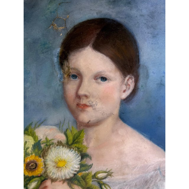 Oval Portrait of a Young Girl with Flowers, 1800s, Pastel Artwork For Sale - Image 5 of 18