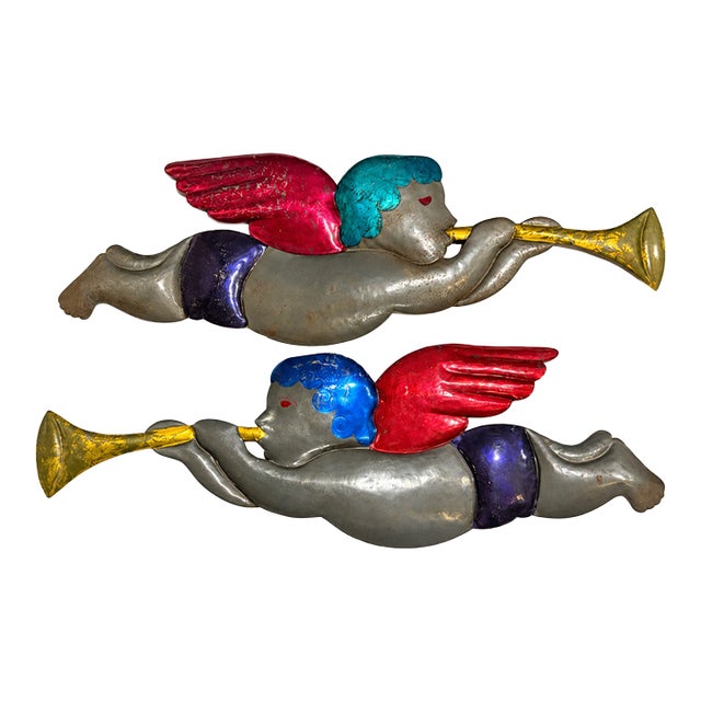 Large Vintage Christmas Trumpet Angels — Pair of Tin Folk Art Holiday Wall Decorations, 23.5ʺ For Sale