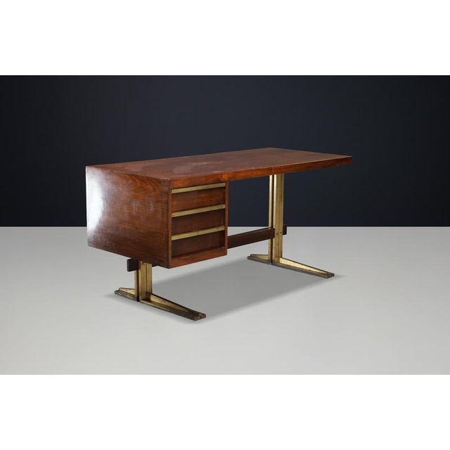 Italian Walnut Desk with Brass Base, Italy, 1950s For Sale - Image 9 of 18