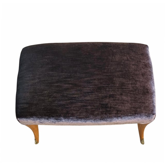 Velvet Stool with Shaped Legs and Brass End Caps, Italy, 1950s For Sale - Image 4 of 8