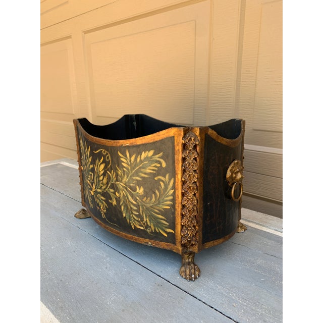 French Provincial John Richard Neoclassical Black and Gold Lion-Head Cachepot For Sale - Image 3 of 8