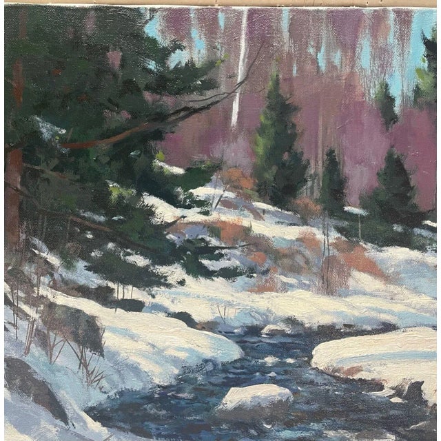 Forest Green Original John Loughlin 'new England Winter Stream Forest Landscape Oil Painting For Sale - Image 8 of 10