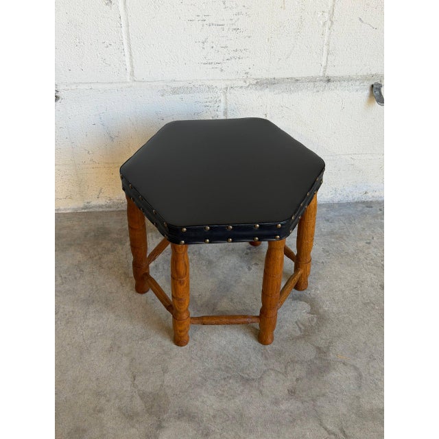 1970s Black Leather Hexagonal Ottoman With Wooden Legs Danish Mid-Century Modern 1970s For Sale - Image 5 of 9