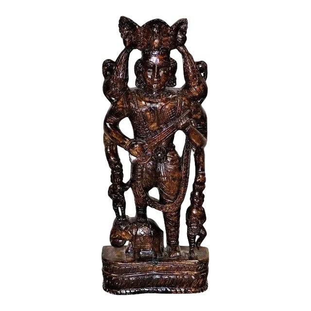 Eclectic Wooden Carved Tall Traditional Musician Statue | Solid Wood Woman Sculpture | Distressed Painted Figurine | Indian Deity Statue For Sale