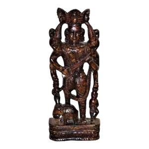 Eclectic Wooden Carved Tall Traditional Musician Statue | Solid Wood Woman Sculpture | Distressed Painted Figurine | Indian Deity Statue