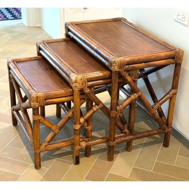 English Vintage 1950s Rattan & Mahogany Nesting Tables, Set of Three For Sale - Image 3 of 10