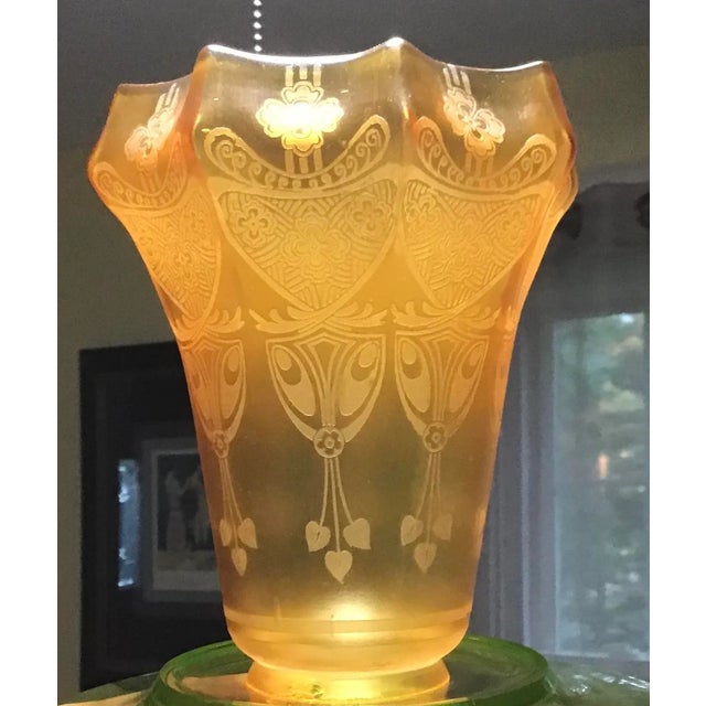 French Art Deco Glass Lamp Shade Beautiful Etch Design Edge has rough areas Flaw on rim 2.25 rim . See picture See close...
