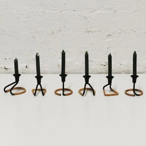 Vintage Danish Blacked Steel and Woven Natural Raffa Fiber Candleholders attributed to Laurids Lonborg, 1950s, Set of 6 For Sale - Image 3 of 9