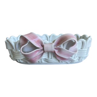 Vintage Ceramic Woven Basket With Bow For Sale