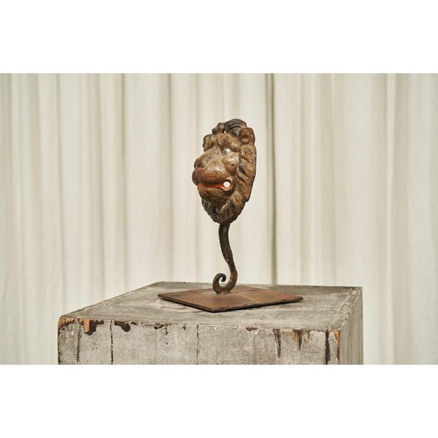 Antique Lions Head in Polychrome and Cast Iron on Stand, 1890s For Sale - Image 5 of 11