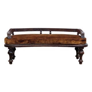 Early 20th Century Antique Wood Bench With Velvet Cushion For Sale