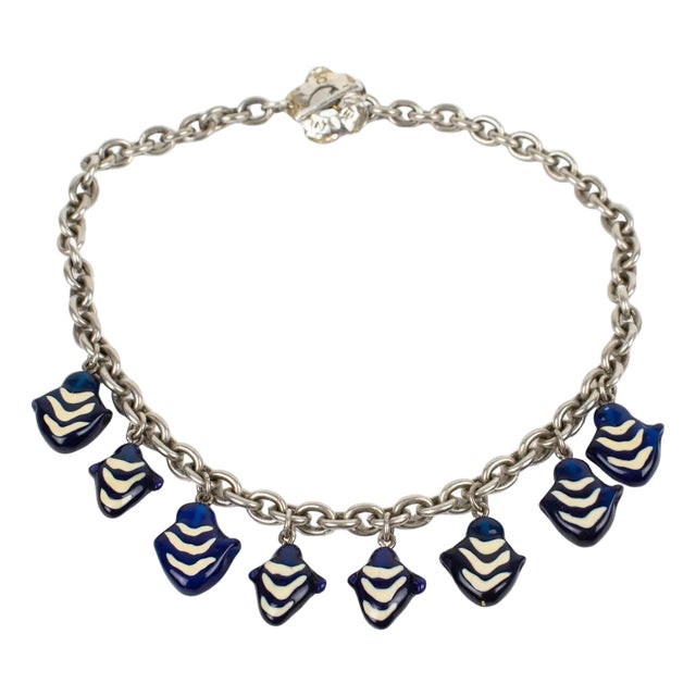 Kenzo Paris Silvered Metal Necklace with Murano Glass Charms For Sale
