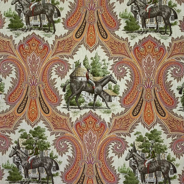 English Designer P Kaufmann Brown Green Orange Horse Jockey Equestrian Paisley Toile Pillow Covers- 25" Pair For Sale - Image 3 of 6