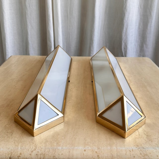 Mid-Century Modern Geneva Opaline Milk Glass and Brass Flush Mounts in the style of Ralph Lauren, 1970s For Sale - Image 3 of 12