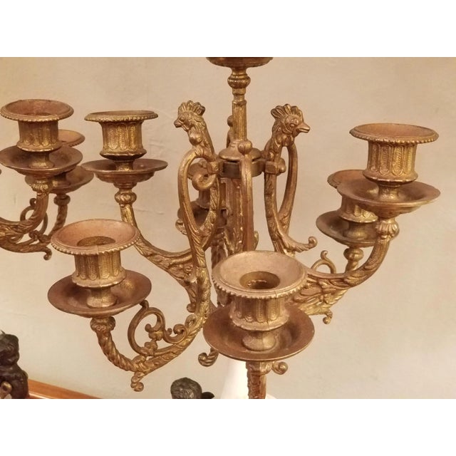 Vintage Italian Pair of 7-Light Gilt Bronze & Marble Figural Cherub Candelabras For Sale - Image 10 of 18