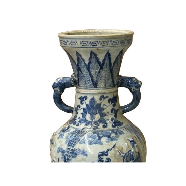 Oriental Distressed White Blue Relief People Motif Porcelain Art Vase For Sale In San Francisco - Image 6 of 15