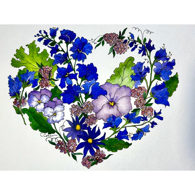 Original Watercolor Pen and Ink painting of purple, lavender, and blue and pink flowers on my farm. The painting is...