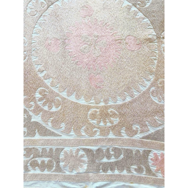 Mid-Century Modern Suzani Wall Hanging Decor - Neutral Tan Uzbek Tablecloth, 4' X 4'4'' For Sale - Image 3 of 9