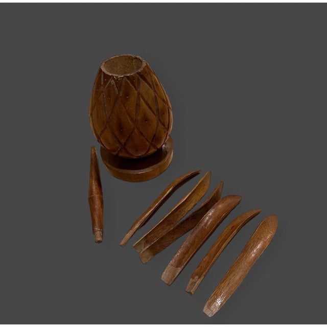 Mid-Century Modern Pineapple Topped Lazy Suzan Epergne Monkey Pod Wood and Decorative Fruit Set- 29 Pieces For Sale - Image 6 of 11